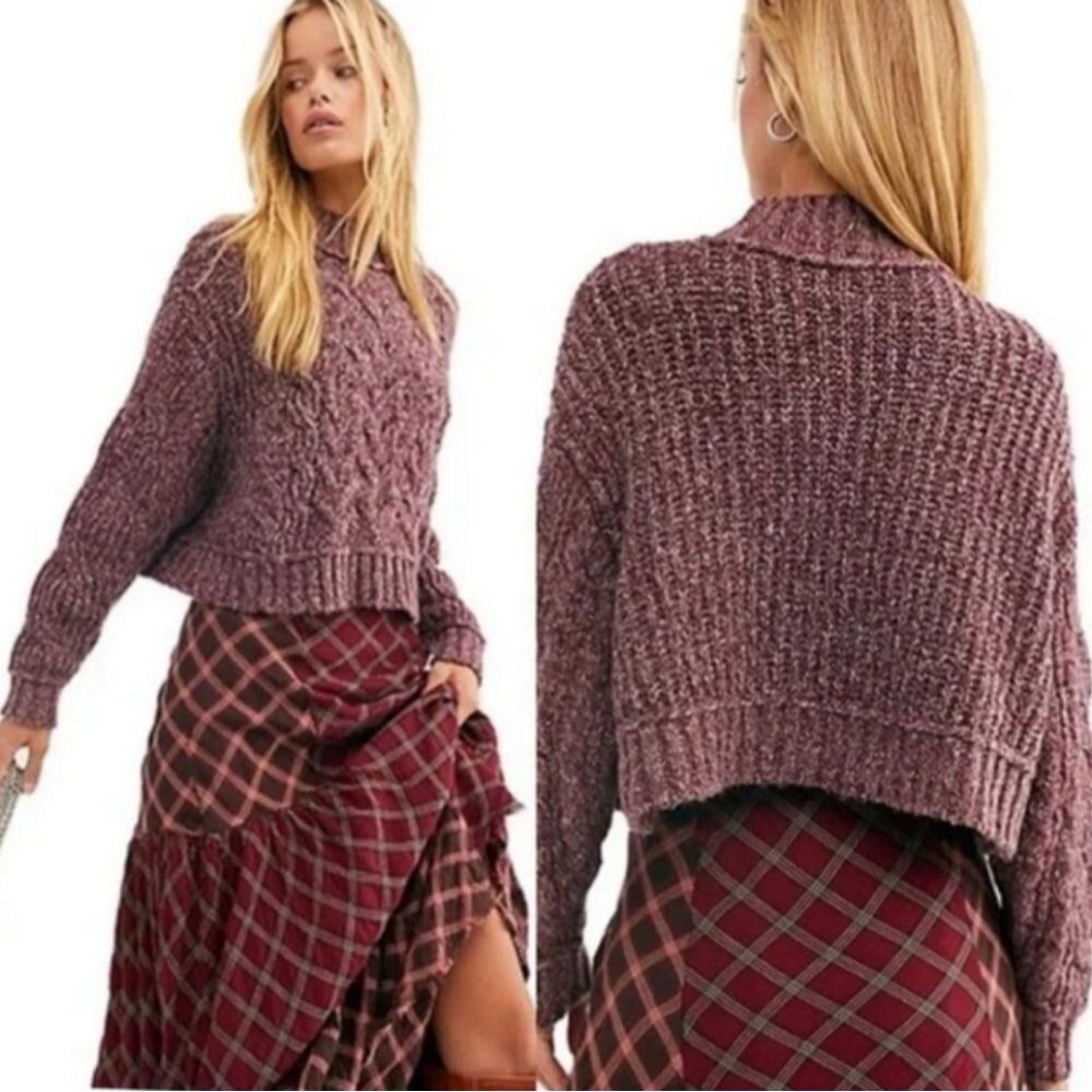 Free People Merry Go Round Cable-Knit Sweater In Very Berry Size L